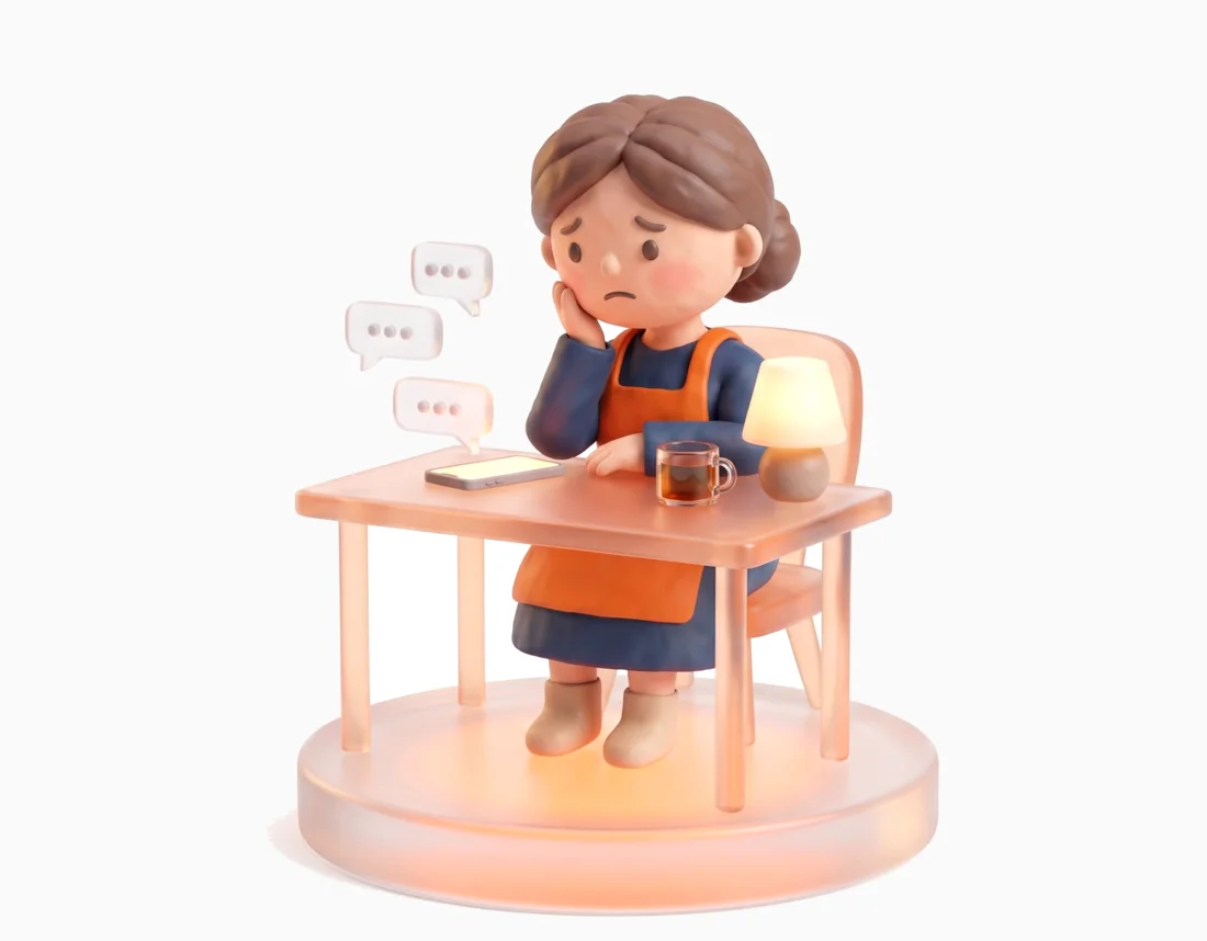 A tired small business owner at her desk, with booking messages piling up.